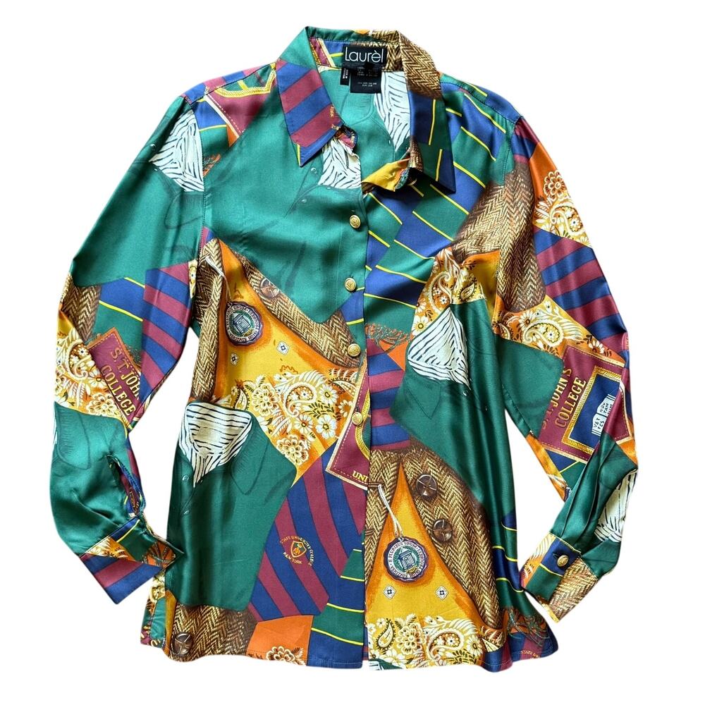 Laurèl Silk Blouse Multicolor Preppy Print Tunic EU 34 US 4